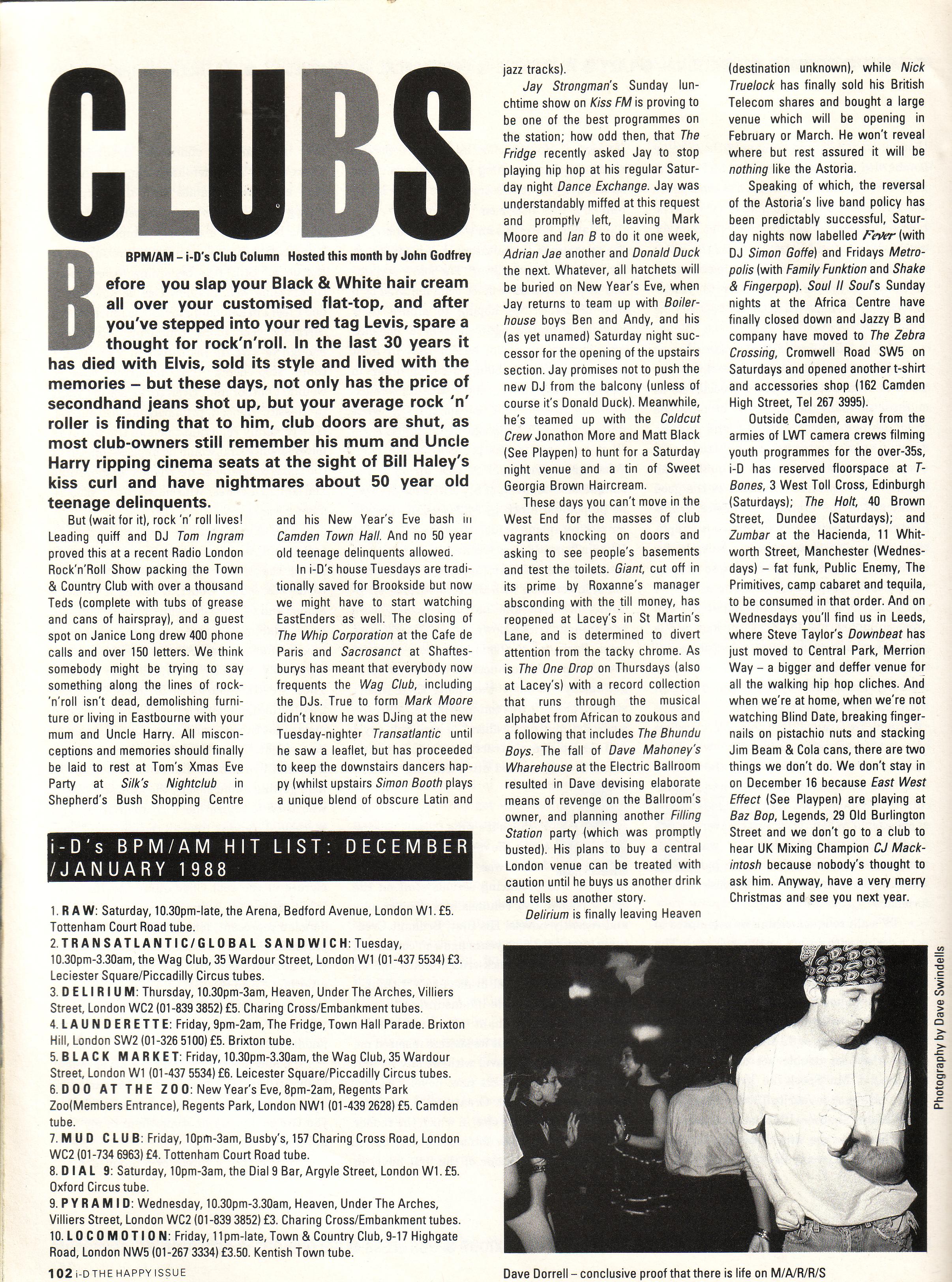 i-D Club Listings January 1988 — Test Pressing