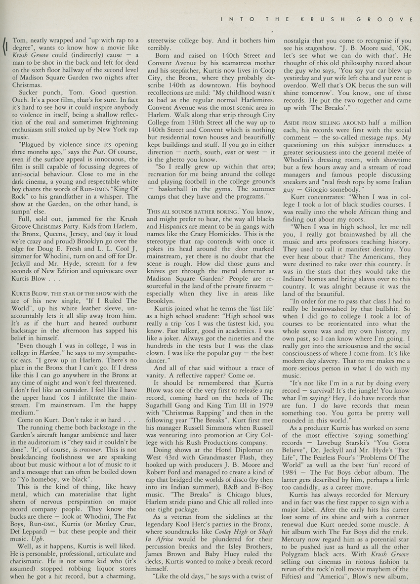 The Face, February 1986, Krush Groove, LL Cool J, Kurtis Blow, Run DMC, hip-hop, Davy DMX, Doug E Fresh, Madison Square Gardens, Test Pressing, Balearic, Balearic Beat, Disco, House, Mixes, Mellow, Culture, Fashion, Art, Design, The Face,