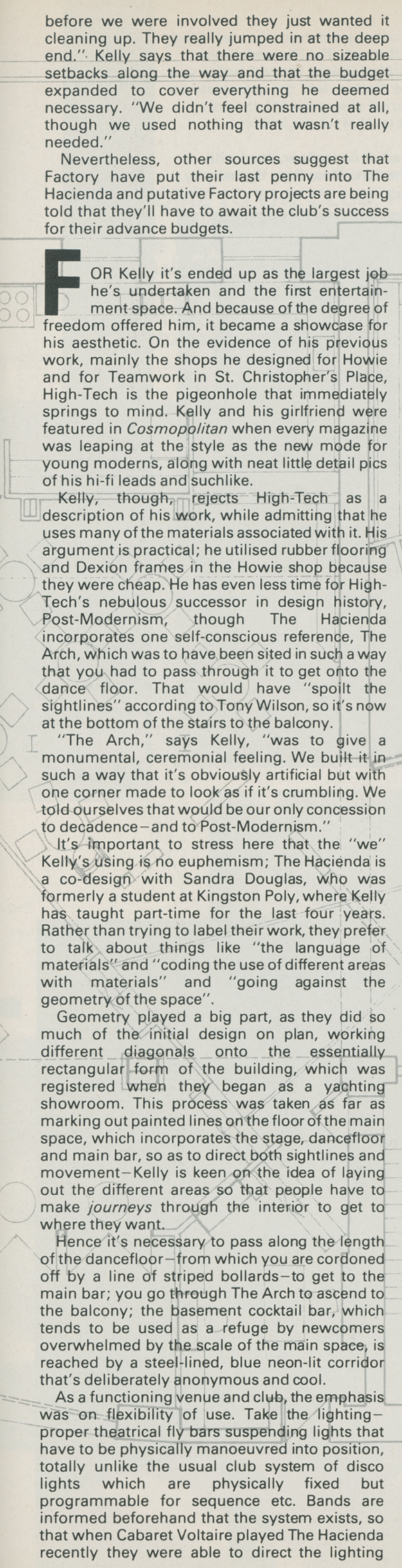 Factory, The Hacienda, Factory Records, Ben Kelly, Sandra Douglas, The Face, August, 1982, Manchester, Architecture, Design,