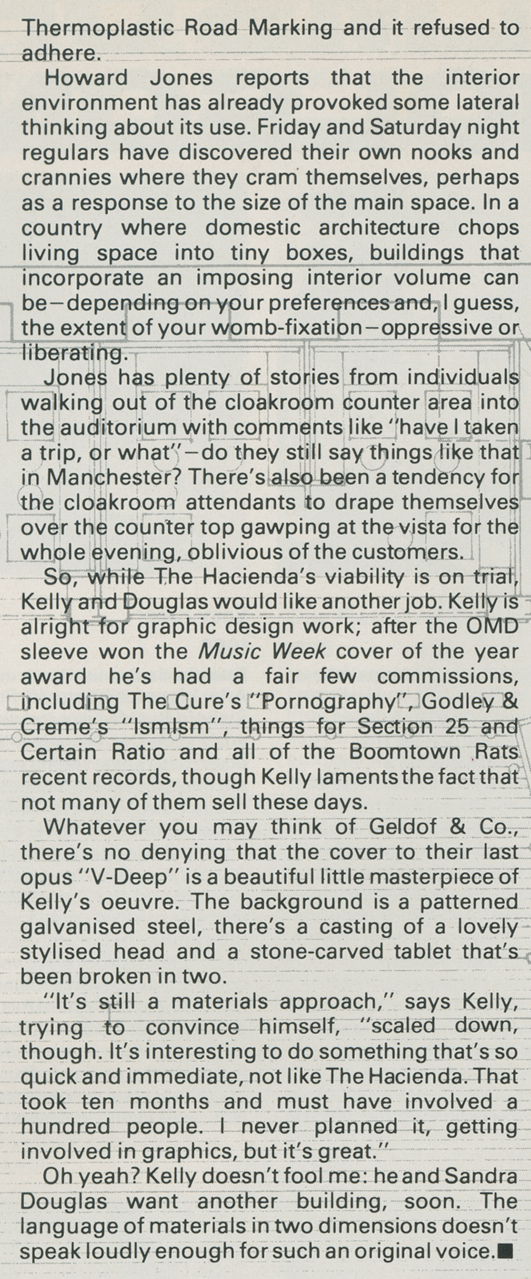 Factory, The Hacienda, Factory Records, Ben Kelly, Sandra Douglas, The Face, August, 1982, Manchester, Architecture, Design,