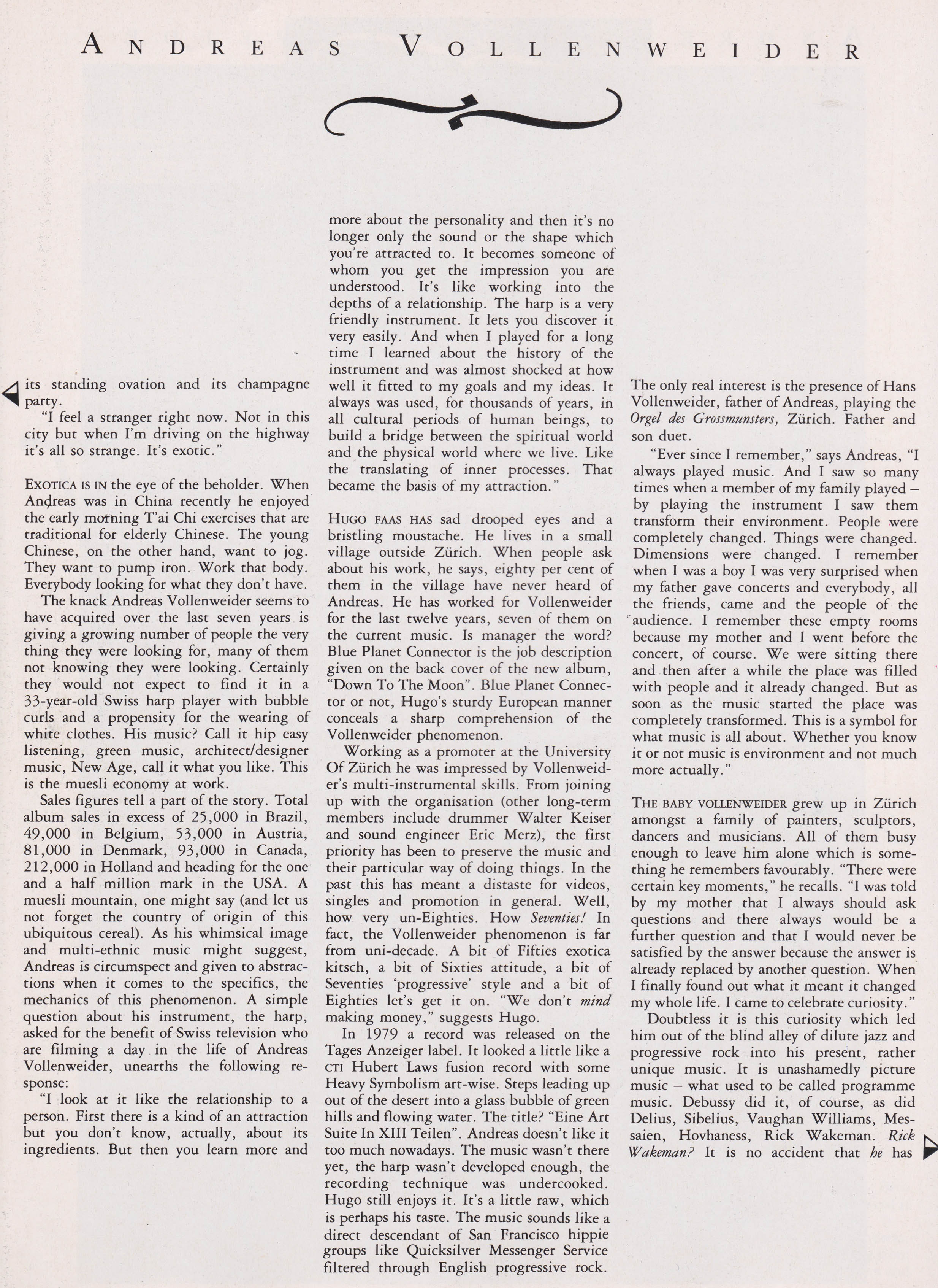 Andreas Vollenweider, The Face, January, 1987, David Toop, Steve Champion