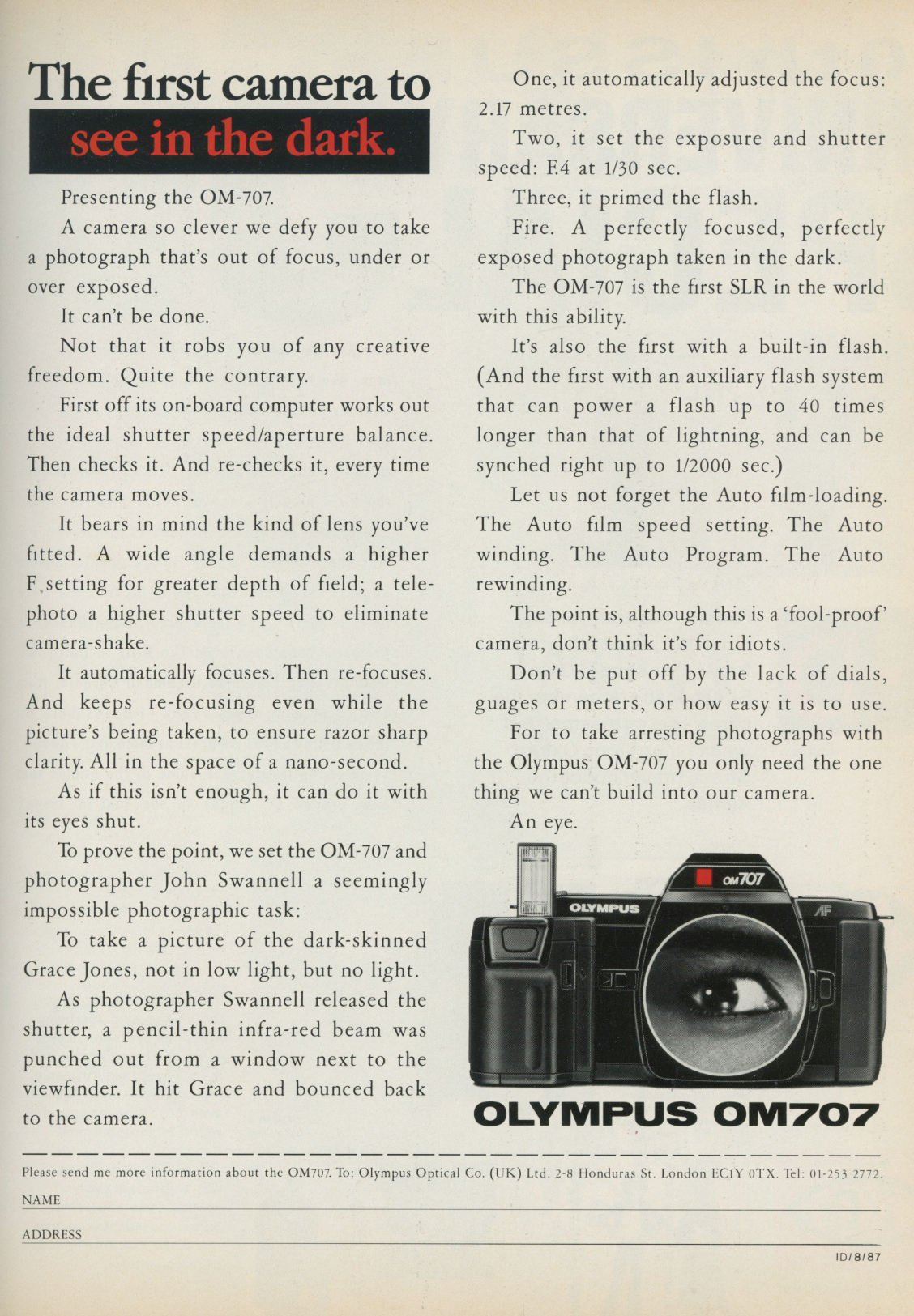 Grace Jones, Olympus, OM707, Advert, i-D, 1987