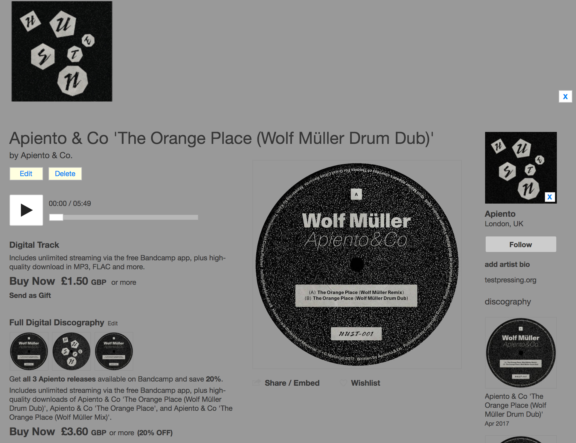 Apiento, Husten, Wolf Müller, Remix, Orange Place, Apiento & Co, Test Pressing