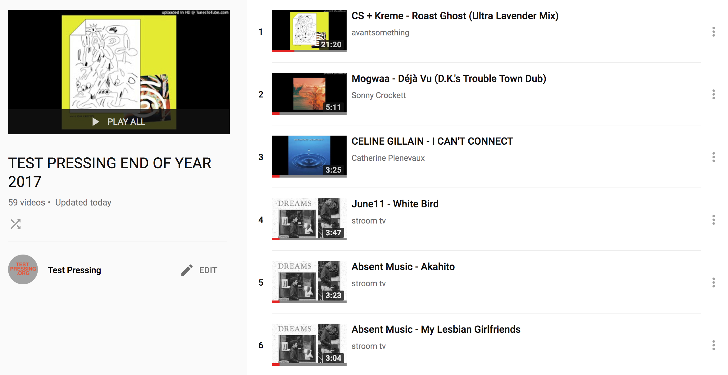 YouTube Playlist Of 2017 Round Up, Test Pressing, 
